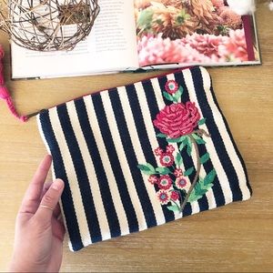 Clutch Floral and Navy Striped with Pink Tassel